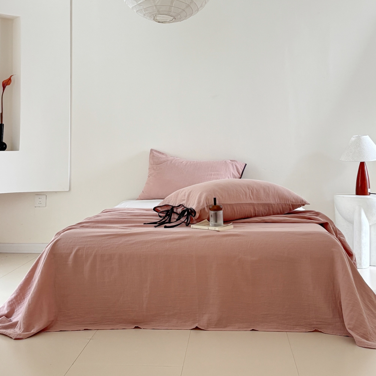 FORTWO家纺原创设计（FOR TWO家纺） 2025新款40支双层纱撞色包边蝴蝶结款单床单-海盐 海盐-红茶