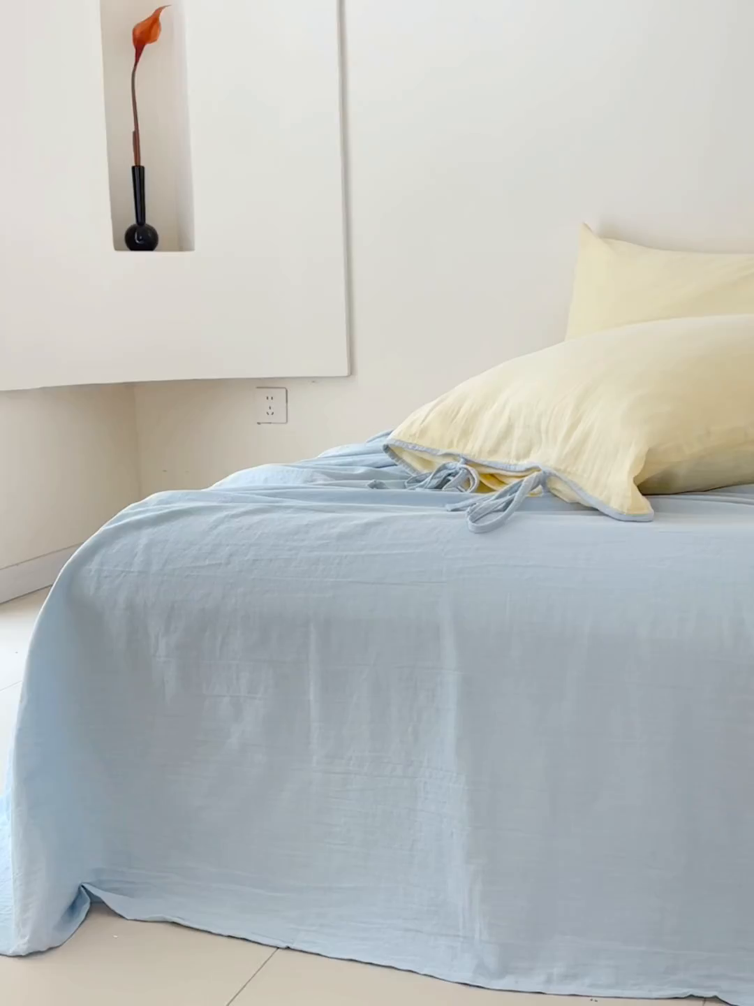 91家纺网 家纺一手货源 找家纺 FORTWO家纺原创设计（FOR TWO家纺） 2025新款40支双层纱撞色包边蝴蝶结款单床单-海盐 海盐-香草蓝