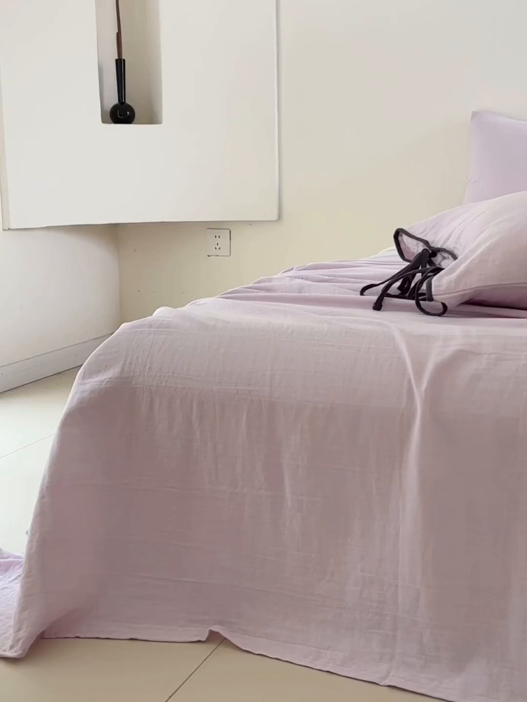 91家纺网 家纺一手货源 找家纺 FORTWO家纺原创设计（FOR TWO家纺） 2025新款40支双层纱撞色包边蝴蝶结款单床单-海盐 海盐-樱落紫