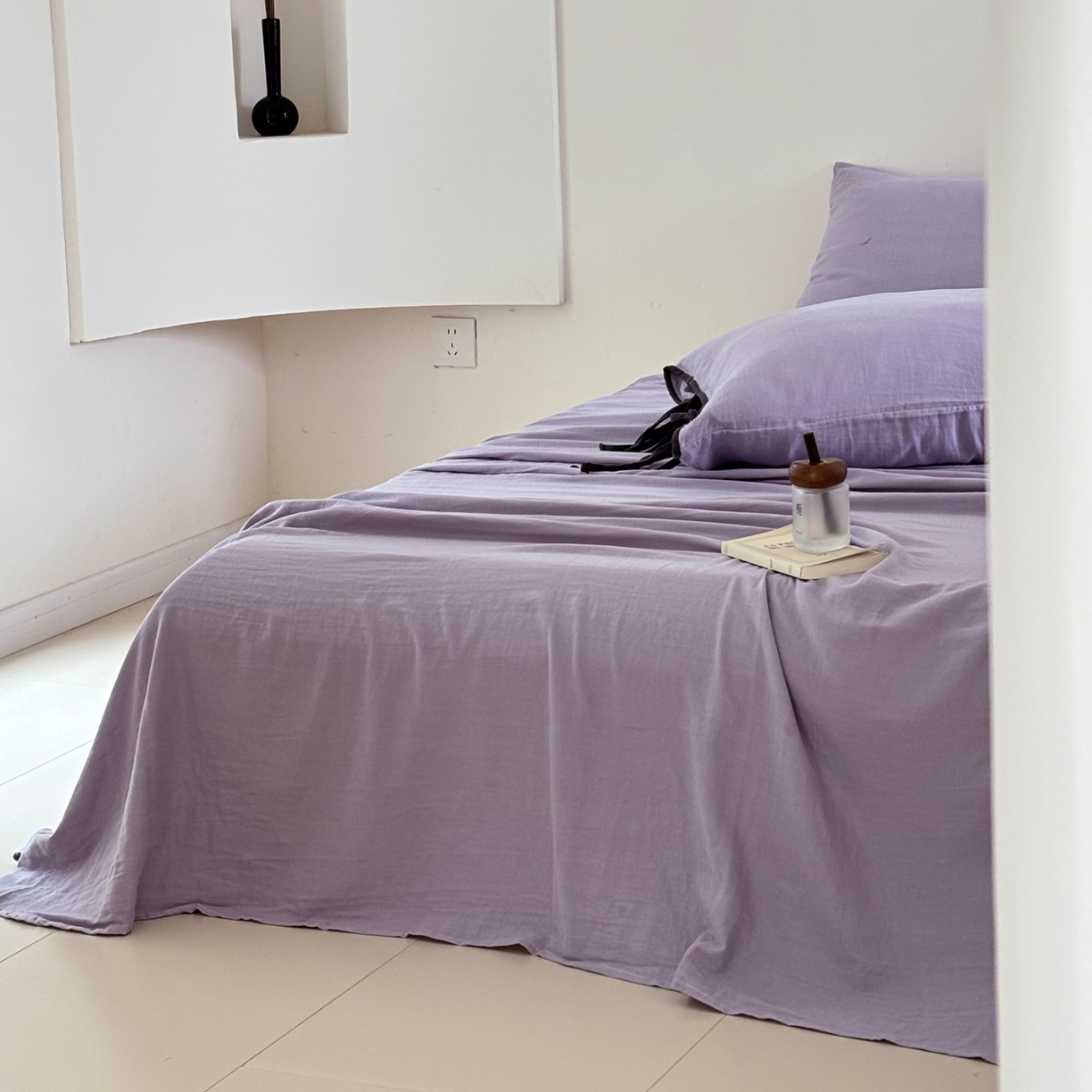 91家纺网 家纺一手货源 找家纺 FORTWO家纺原创设计（FOR TWO家纺） 2025新款40支双层纱撞色包边蝴蝶结款单床单-海盐 海盐-木槿紫