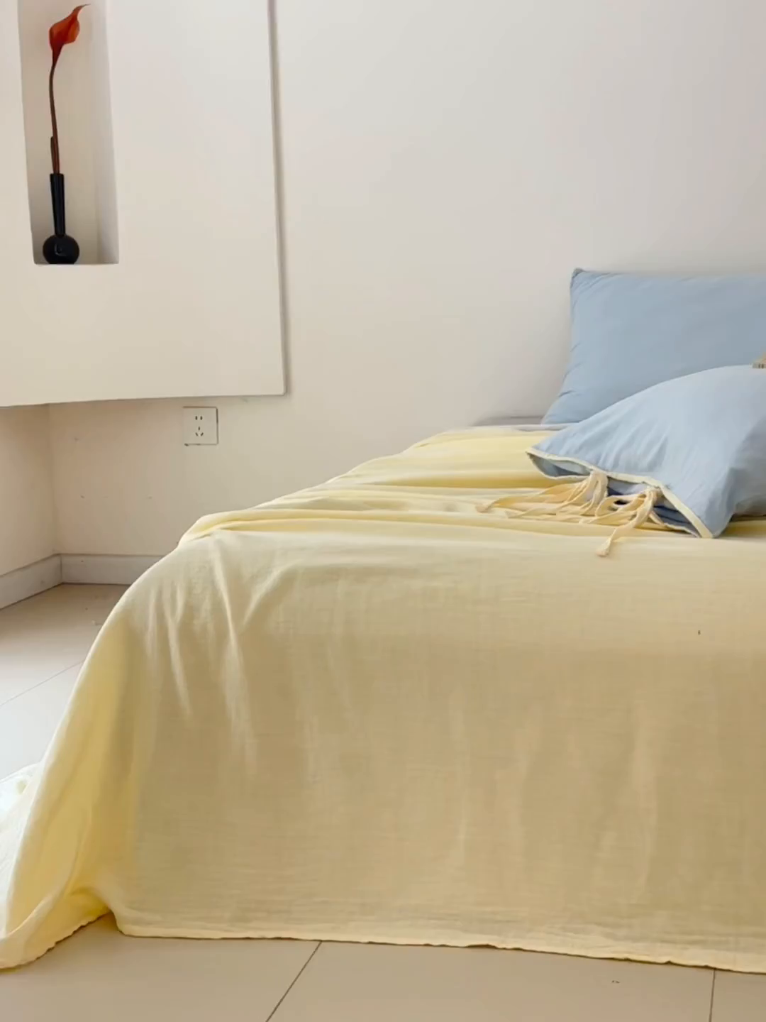 91家纺网 家纺一手货源 找家纺 FORTWO家纺原创设计（FOR TWO家纺） 2025新款40支双层纱撞色包边蝴蝶结款单床单-海盐 海盐-水蓝黄