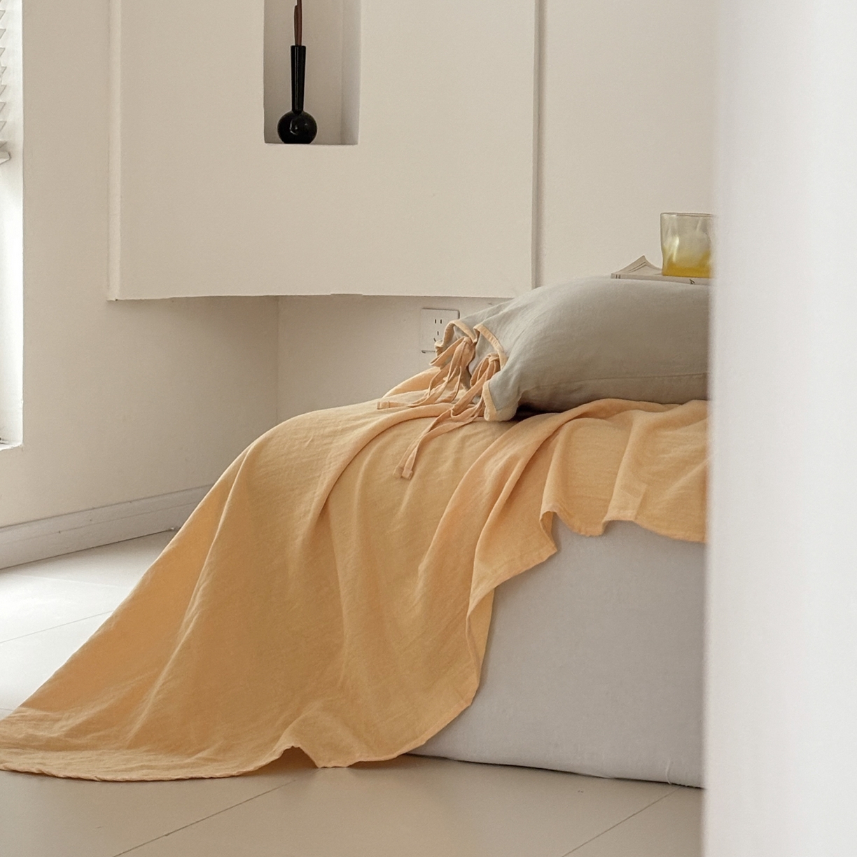 91家纺网 家纺一手货源 找家纺 FORTWO家纺原创设计（FOR TWO家纺） 2025新款40支双层纱撞色包边蝴蝶结款单床单-海盐 海盐-蜜豆绿黄