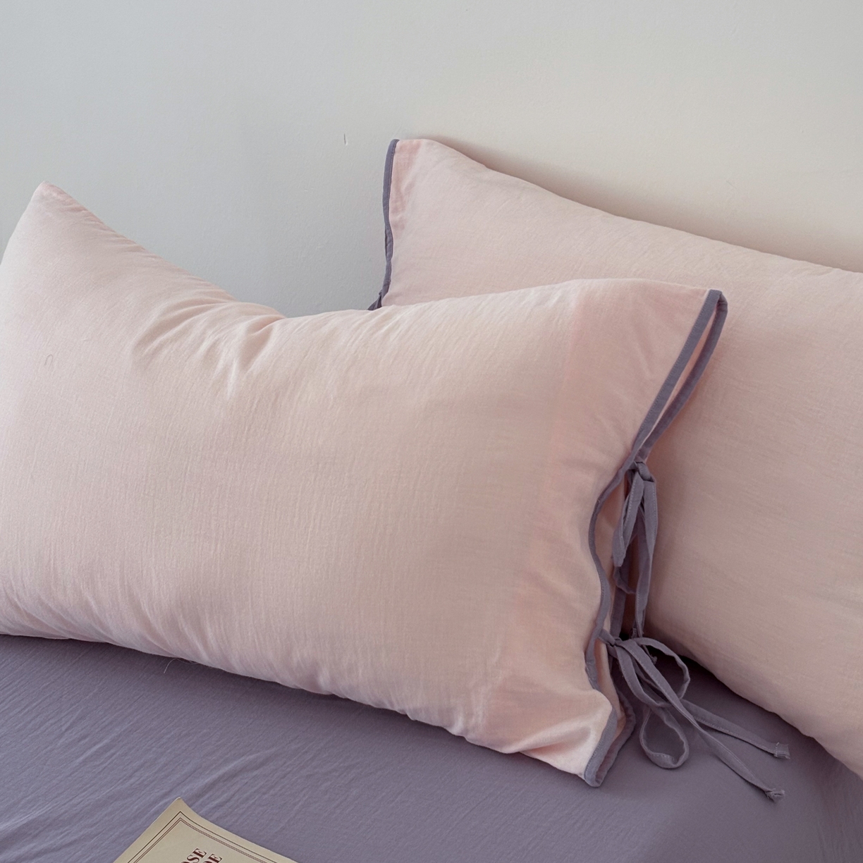 FORTWO家纺原创设计（FOR TWO家纺） 2025新款40支双层纱撞色包边蝴蝶结款单枕套-海盐 海盐-竹桃粉