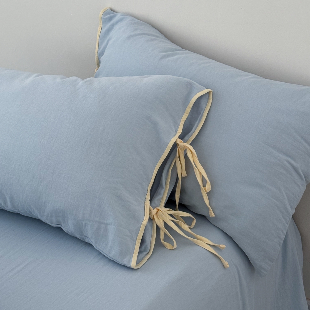 FORTWO家纺原创设计（FOR TWO家纺） 2025新款40支双层纱撞色包边蝴蝶结款单枕套-海盐 海盐-水蓝