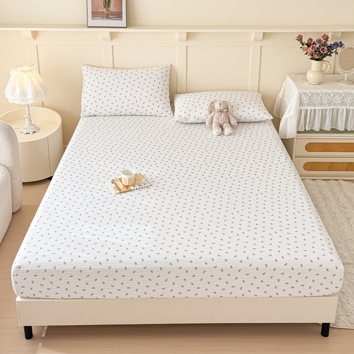 91家纺网 家纺一手货源 找家纺 小萌虎2025新款双层纱皱皱棉床笠 蝴蝶结