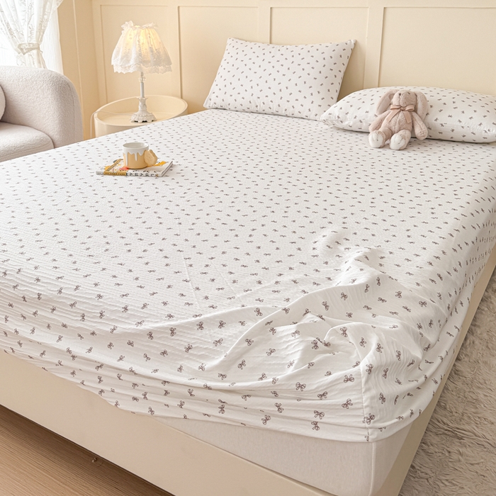 91家纺网 家纺一手货源 找家纺 小萌虎2025新款双层纱皱皱棉床笠 蝴蝶结