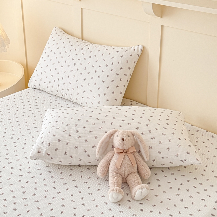 91家纺网 家纺一手货源 找家纺 小萌虎2025新款双层纱皱皱棉床笠 蝴蝶结