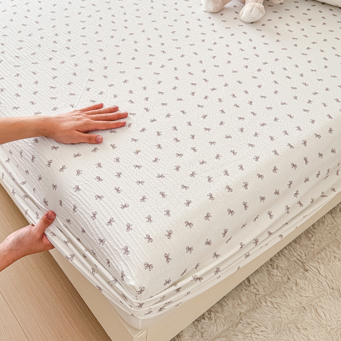 91家纺网 家纺一手货源 找家纺 小萌虎2025新款双层纱皱皱棉床笠 蝴蝶结