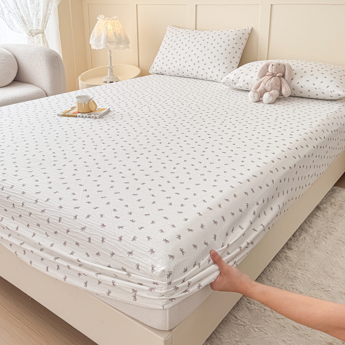 91家纺网 家纺一手货源 找家纺 小萌虎2025新款双层纱皱皱棉床笠 蝴蝶结