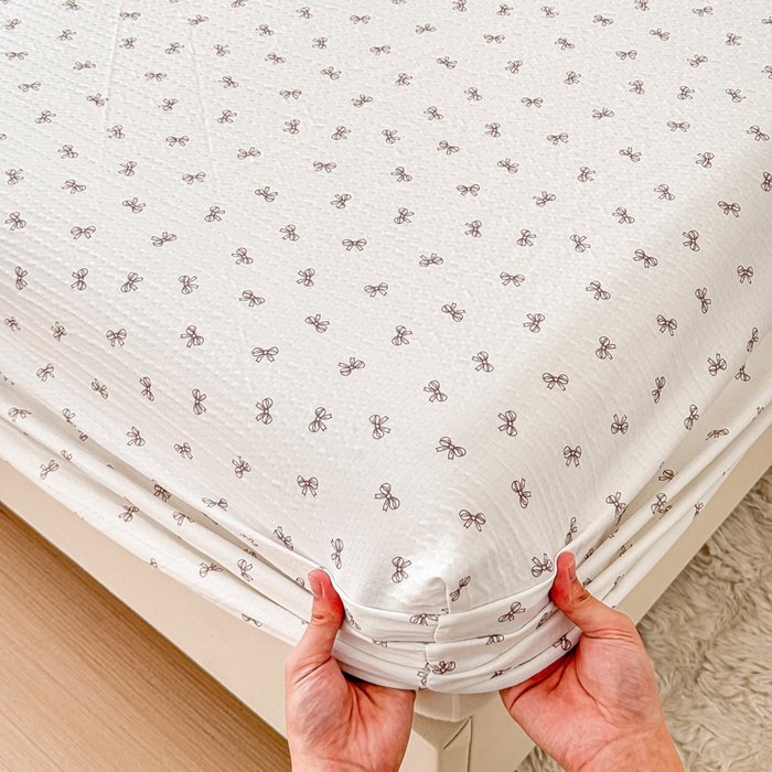 91家纺网 家纺一手货源 找家纺 小萌虎2025新款双层纱皱皱棉床笠 蝴蝶结