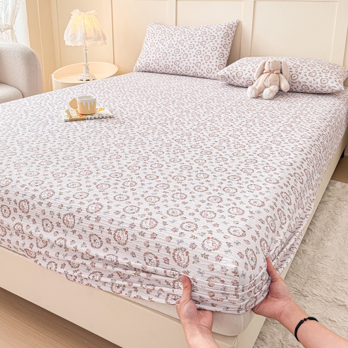 小萌虎2025新款双层纱皱皱棉床笠 小花园