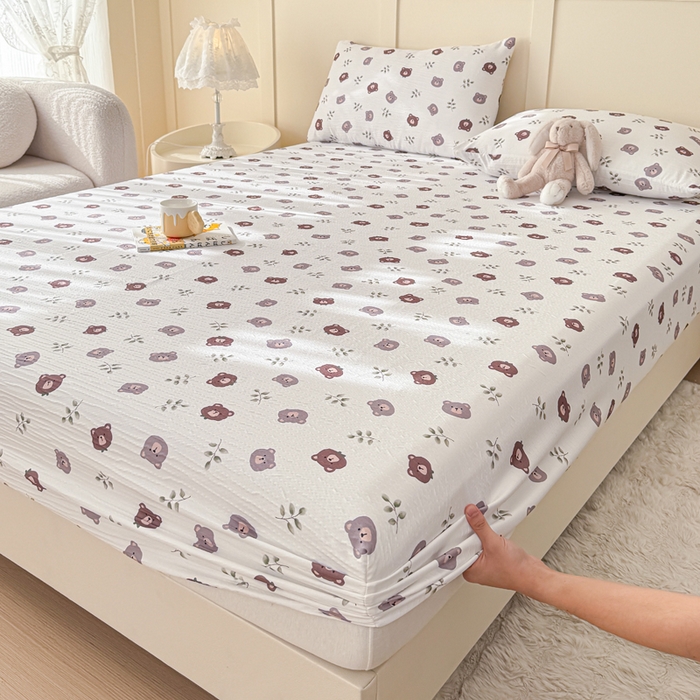 91家纺网 家纺一手货源 找家纺 小萌虎2025新款双层纱皱皱棉床笠 小熊