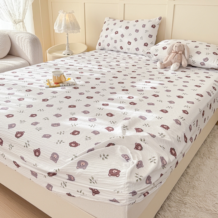 91家纺网 家纺一手货源 找家纺 小萌虎2025新款双层纱皱皱棉床笠 小熊