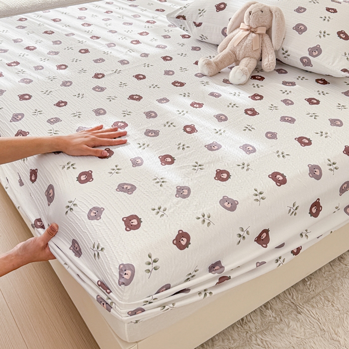 91家纺网 家纺一手货源 找家纺 小萌虎2025新款双层纱皱皱棉床笠 小熊