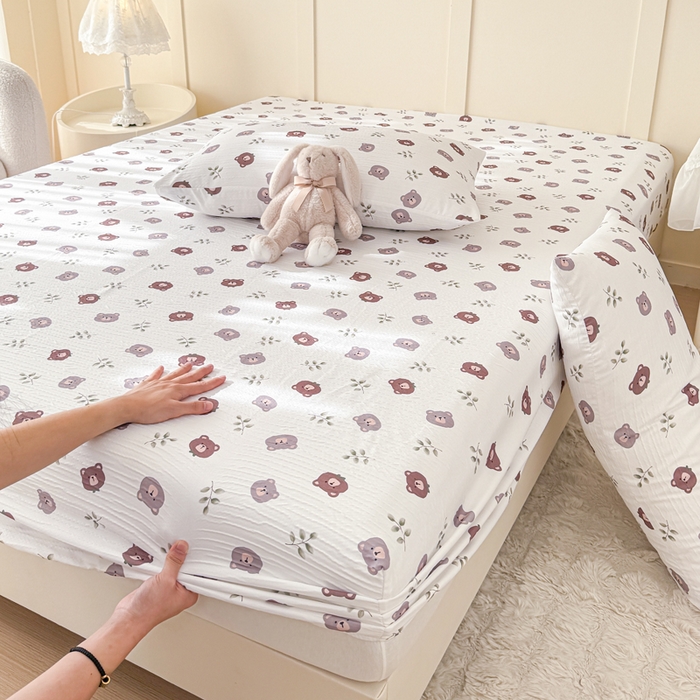 91家纺网 家纺一手货源 找家纺 小萌虎2025新款双层纱皱皱棉床笠 小熊