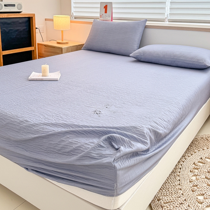 91家纺网 家纺一手货源 找家纺 小萌虎2025新款双层纱皱皱棉床笠 简灰