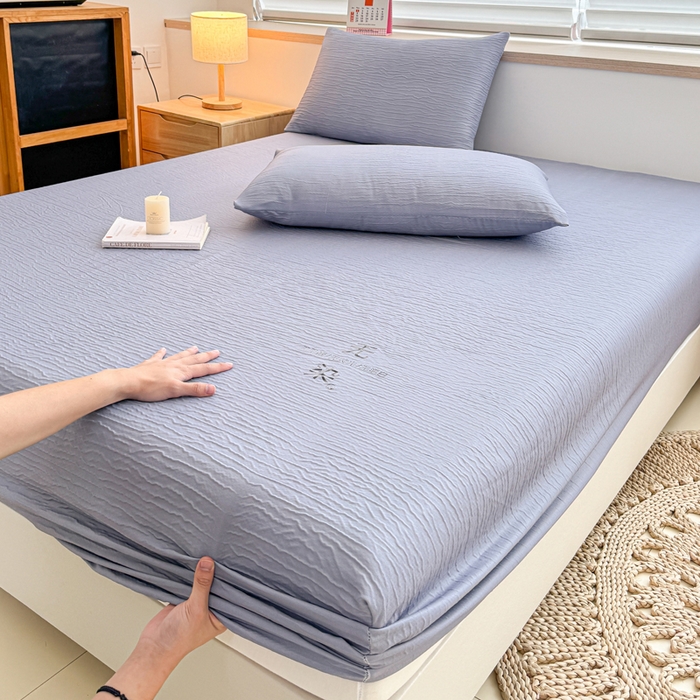 91家纺网 家纺一手货源 找家纺 小萌虎2025新款双层纱皱皱棉床笠 简灰