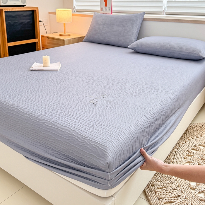 91家纺网 家纺一手货源 找家纺 小萌虎2025新款双层纱皱皱棉床笠 简灰