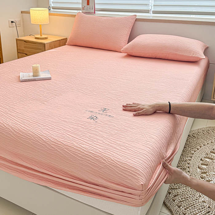 91家纺网 家纺一手货源 找家纺 小萌虎2025新款双层纱皱皱棉床笠 粉玉