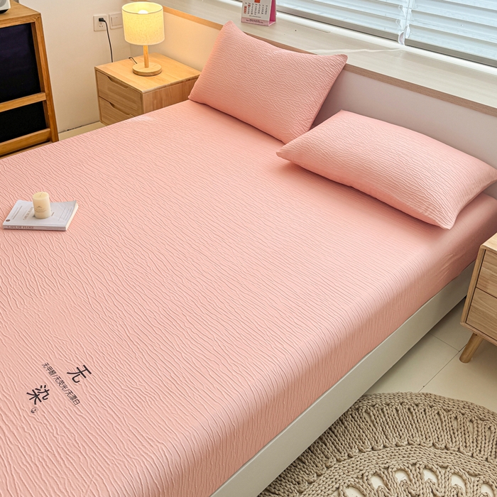 91家纺网 家纺一手货源 找家纺 小萌虎2025新款双层纱皱皱棉床笠 粉玉