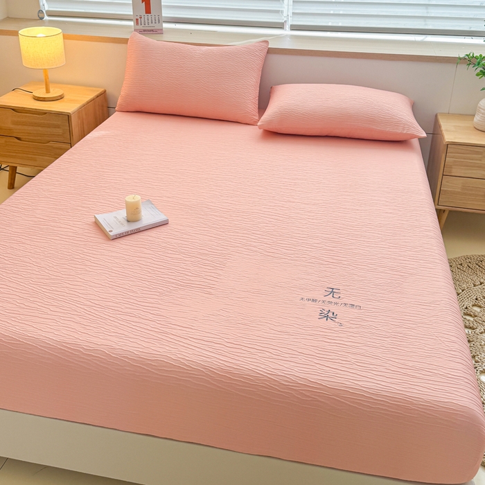 91家纺网 家纺一手货源 找家纺 小萌虎2025新款双层纱皱皱棉床笠 粉玉