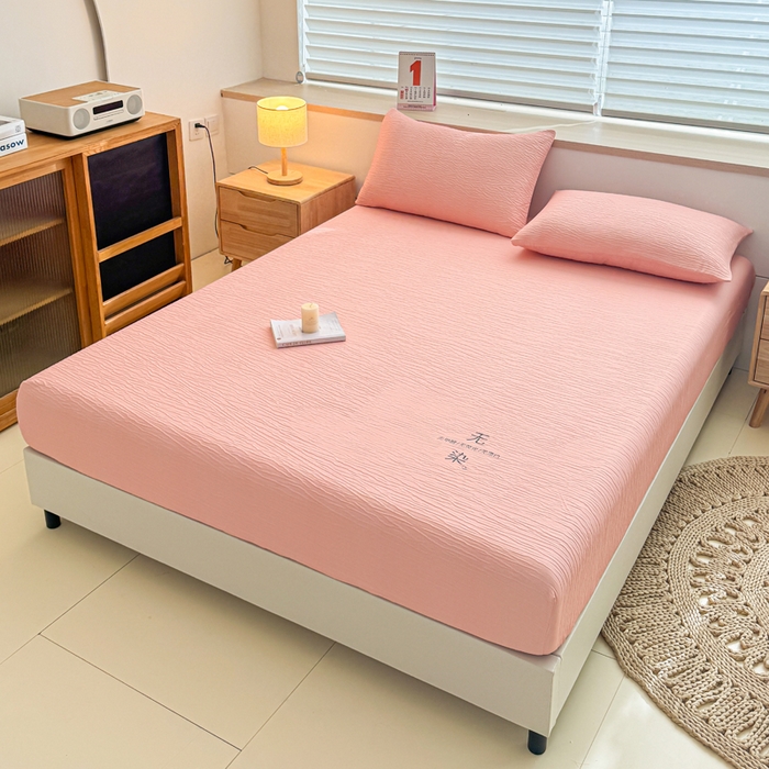 91家纺网 家纺一手货源 找家纺 小萌虎2025新款双层纱皱皱棉床笠 粉玉