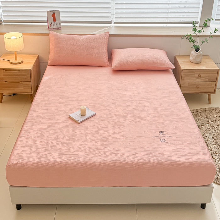 91家纺网 家纺一手货源 找家纺 小萌虎2025新款双层纱皱皱棉床笠 粉玉