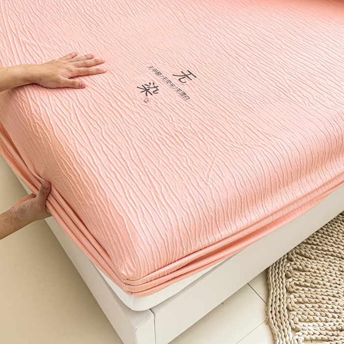 91家纺网 家纺一手货源 找家纺 小萌虎2025新款双层纱皱皱棉床笠 粉玉