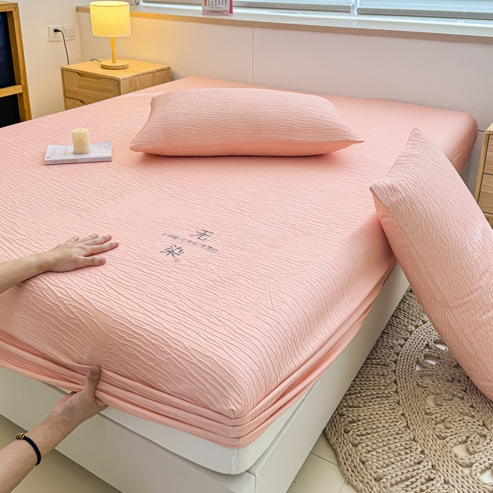 91家纺网 家纺一手货源 找家纺 小萌虎2025新款双层纱皱皱棉床笠 粉玉