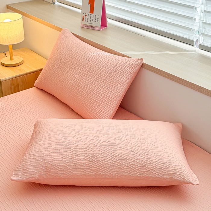 91家纺网 家纺一手货源 找家纺 小萌虎2025新款双层纱皱皱棉床笠 粉玉