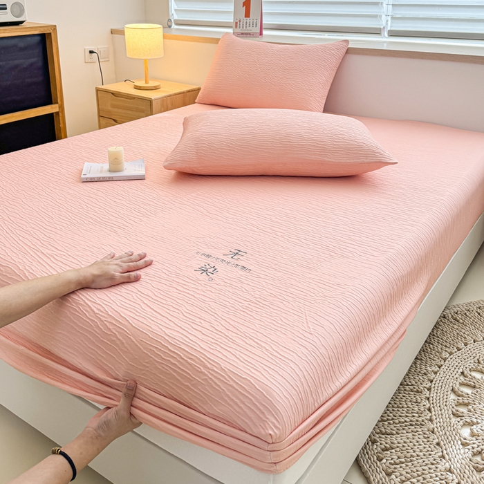 91家纺网 家纺一手货源 找家纺 小萌虎2025新款双层纱皱皱棉床笠 粉玉