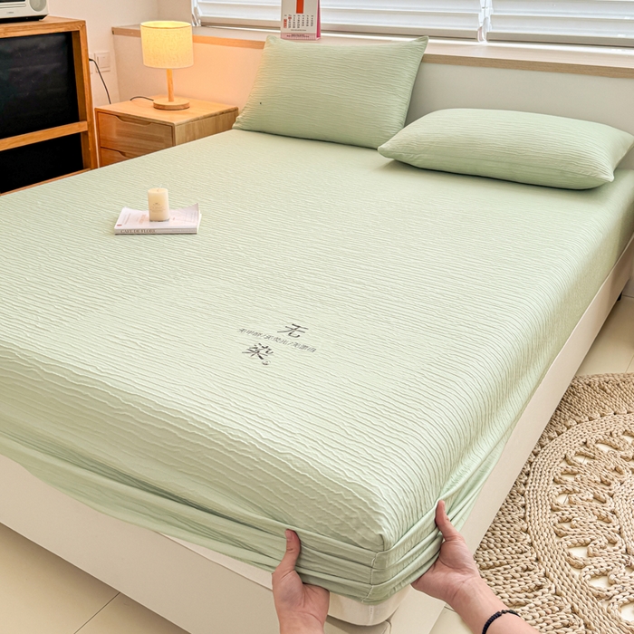 小萌虎2025新款双层纱皱皱棉床笠 果绿