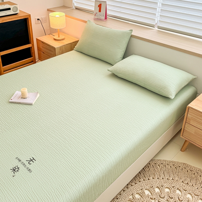 91家纺网 家纺一手货源 找家纺 小萌虎2025新款双层纱皱皱棉床笠 果绿