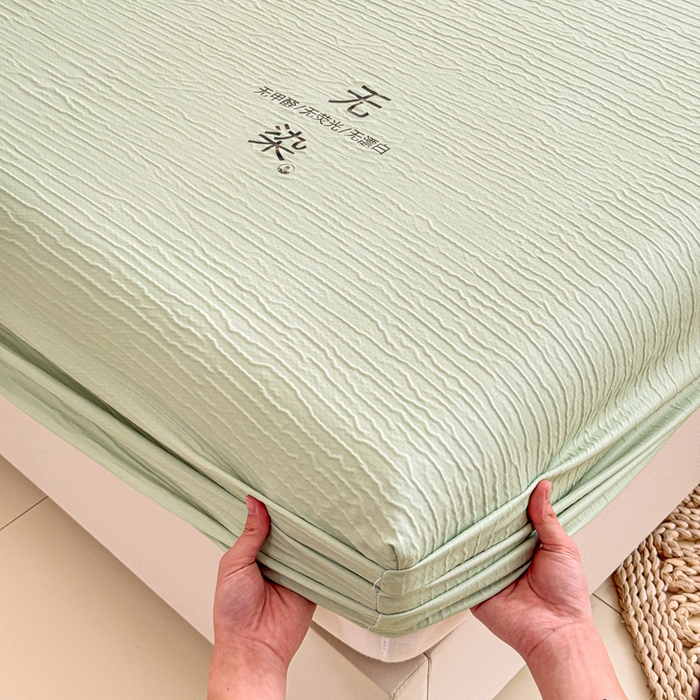 91家纺网 家纺一手货源 找家纺 小萌虎2025新款双层纱皱皱棉床笠 果绿