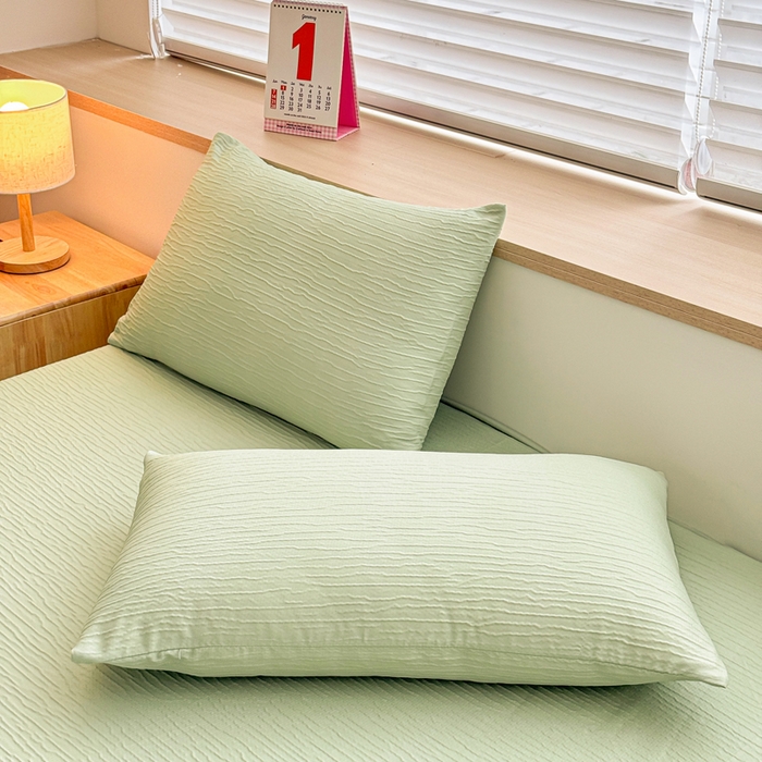 91家纺网 家纺一手货源 找家纺 小萌虎2025新款双层纱皱皱棉床笠 果绿