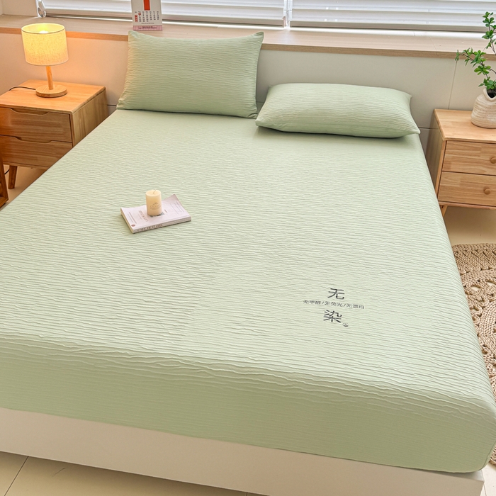 91家纺网 家纺一手货源 找家纺 小萌虎2025新款双层纱皱皱棉床笠 果绿