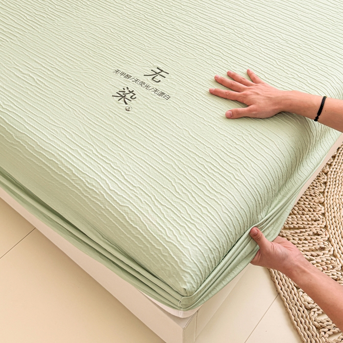 91家纺网 家纺一手货源 找家纺 小萌虎2025新款双层纱皱皱棉床笠 果绿