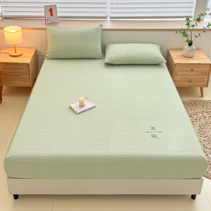 91家纺网 家纺一手货源 找家纺 小萌虎2025新款双层纱皱皱棉床笠 果绿