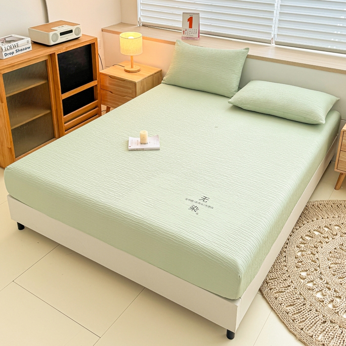 91家纺网 家纺一手货源 找家纺 小萌虎2025新款双层纱皱皱棉床笠 果绿