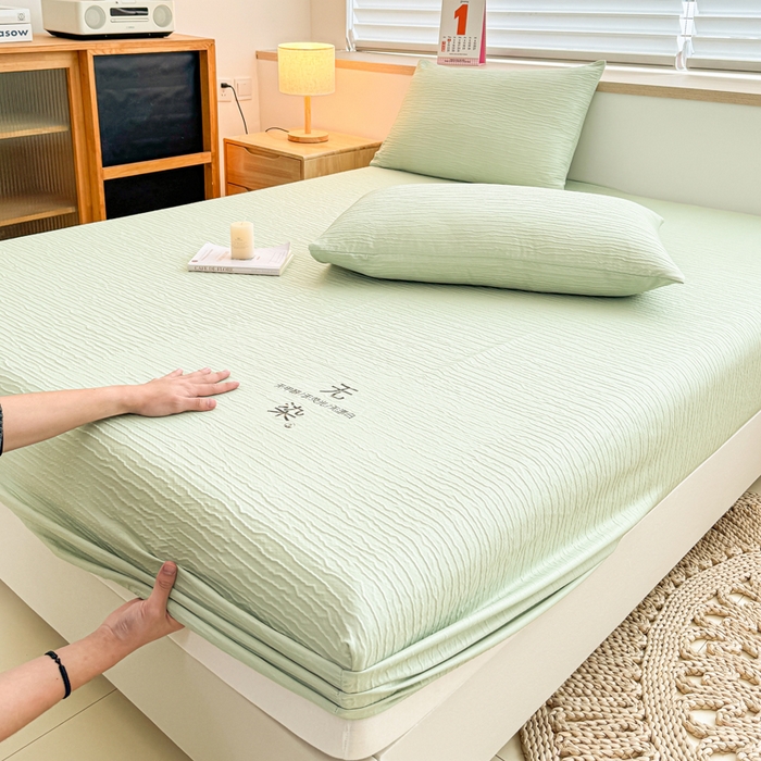 91家纺网 家纺一手货源 找家纺 小萌虎2025新款双层纱皱皱棉床笠 果绿