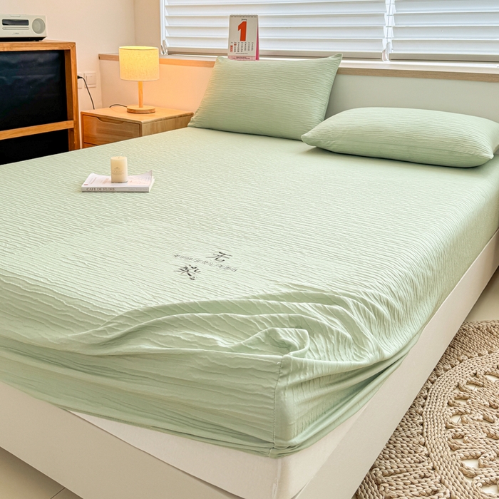 91家纺网 家纺一手货源 找家纺 小萌虎2025新款双层纱皱皱棉床笠 果绿