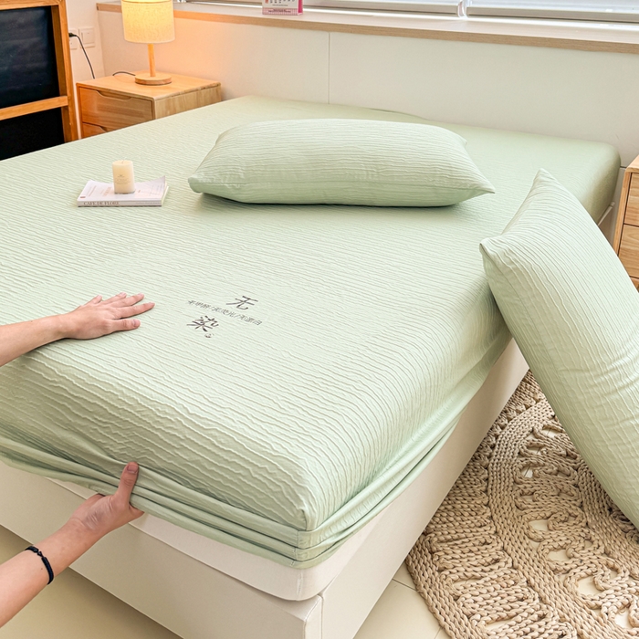 91家纺网 家纺一手货源 找家纺 小萌虎2025新款双层纱皱皱棉床笠 果绿