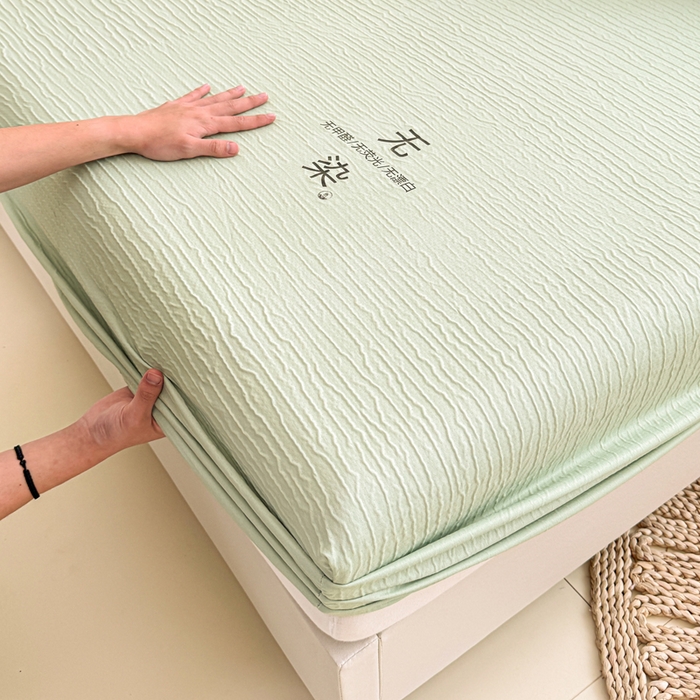 91家纺网 家纺一手货源 找家纺 小萌虎2025新款双层纱皱皱棉床笠 果绿