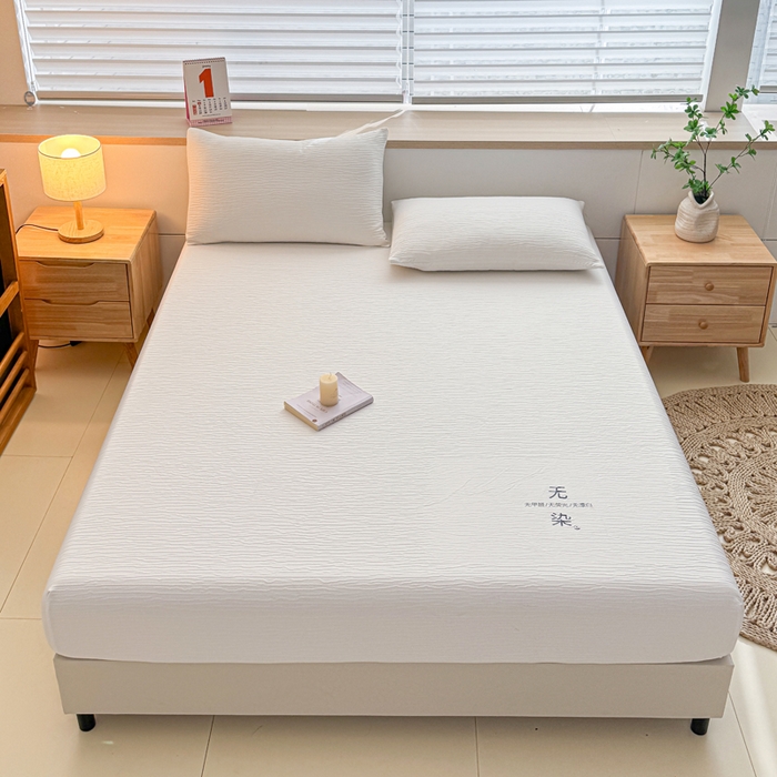 91家纺网 家纺一手货源 找家纺 小萌虎2025新款双层纱皱皱棉床笠 米白