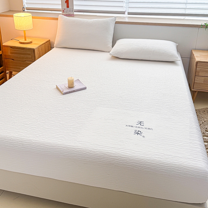 91家纺网 家纺一手货源 找家纺 小萌虎2025新款双层纱皱皱棉床笠 米白