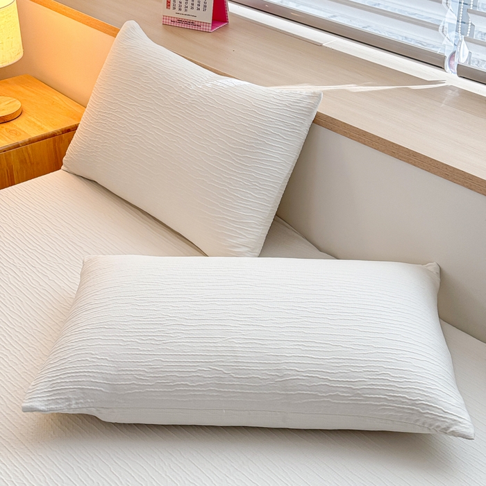 91家纺网 家纺一手货源 找家纺 小萌虎2025新款双层纱皱皱棉床笠 米白