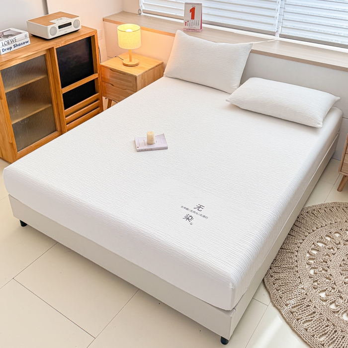 91家纺网 家纺一手货源 找家纺 小萌虎2025新款双层纱皱皱棉床笠 米白