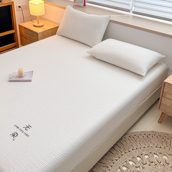 91家纺网 家纺一手货源 找家纺 小萌虎2025新款双层纱皱皱棉床笠 米白