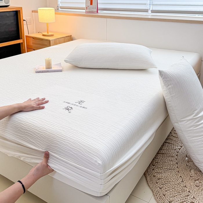 91家纺网 家纺一手货源 找家纺 小萌虎2025新款双层纱皱皱棉床笠 米白