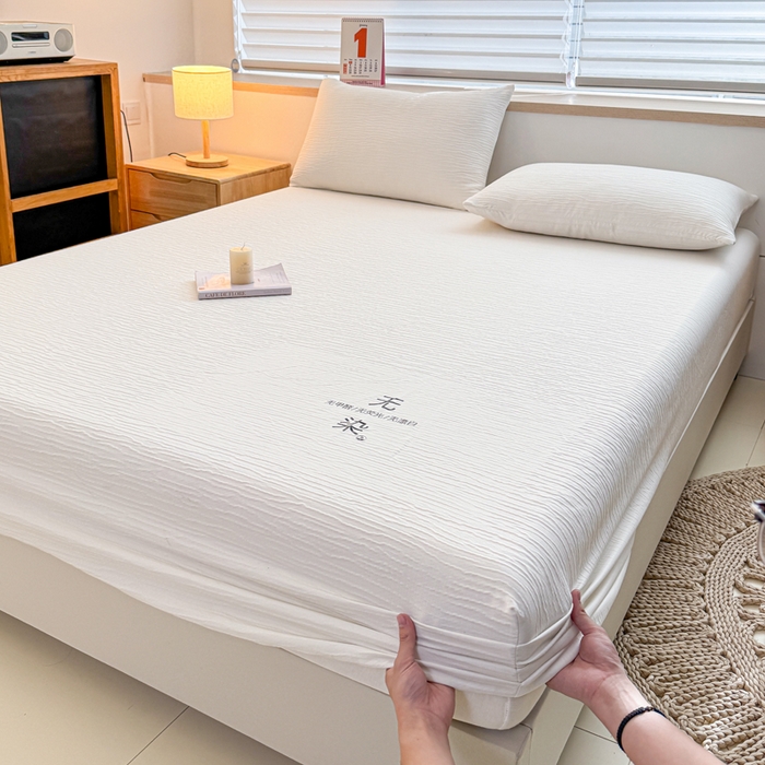 小萌虎2025新款双层纱皱皱棉床笠 米白